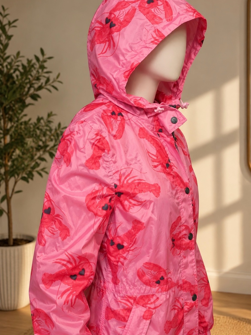 Joules Pink Lobster-Print Hooded Raincoat with Red Accents